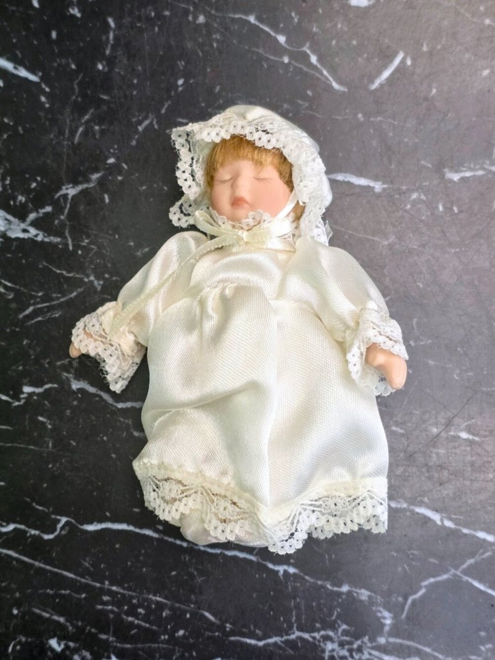 Vintage Miniature Sleeping Baby Porcelain Doll Satin Gown 5"